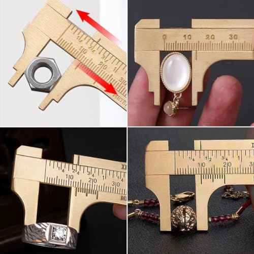 Brass Pocket Caliper with Double Scale Sliding Gauge Bead Measuring Tool Millimeter Gauge Mini Brass Vernier Caliper, Gold Ruler for Measuring Jewelry (100mm), 1 Pack