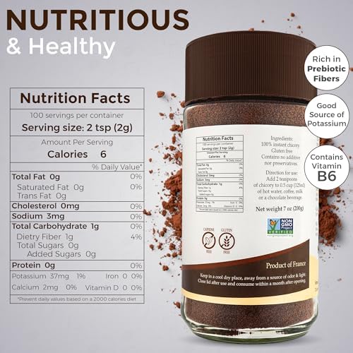 Straight from France Genuinely French, Non-GMO Certified Caffeine Free Instant Chicory Powder, Coffee Substitute Rich in Prebiotic Fibers Made from Chicory Roots 7 Oz