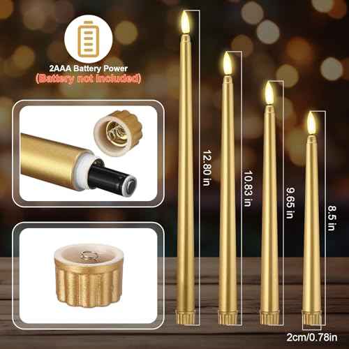 48 Pcs Flameless LED Taper Candles Battery Operated Candles 4 Sizes of 8.5'', 9.65'', 10.83'', 12.8'' Flameless Candlesticks Flickering for Halloween Christmas Church Wedding(Golden)