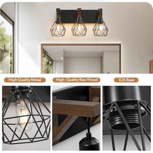 Farmhouse Bathroom Light Fixtures, 3 Light Bathroom Vanity Light, Black Rustic Wood Vanity Lights Wall Sconces with Elegant Metal Lampshade for Living Room, Bedroom, Hallway (Retro Black, 3-Light)