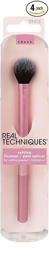 Real Techniques Professional Powder Setting Makeup Brush, Helps Lock in Foundation and Concealer, Pink, (Pack of 4)