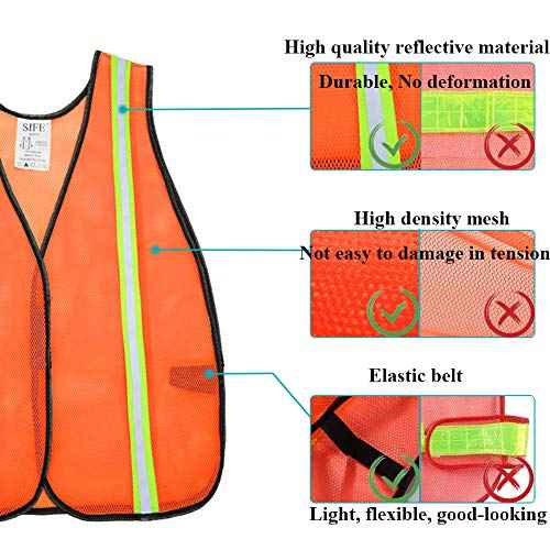 SIFE 10 Pack High Visibility Reflective Safety Vest,Made from Breathable and Neon Orange Mesh Fabric with Stretchable design,light weight for Man and Woman(Orange, 10 pack)