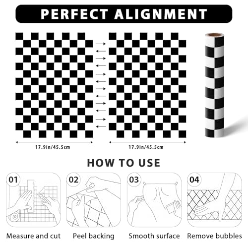 Kitico Black and White Checkered Peel and Stick Wallpaper? Waterproof Removable Vinyl Contact Paper Peel and Stick ? Renter Friendly Bathroom Wallpaper