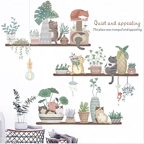 Cute Cat Stickers and Potted Plant Wall Stickers, Watercolour Removable Wall Stickers for Cat Flowerpots and Plant Leaves, Self-adhesive Vinyl Art Decor Murals for Children Babies Living Room TV