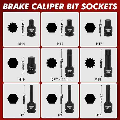 CASOMAN 16-Piece 1/2" Drive Impact Brake Caliper Socket Set, 5PT 7PT 10PT M14 M18 & Hex Sockets Compatible with Ford Benz BMW VW Audi Porsche