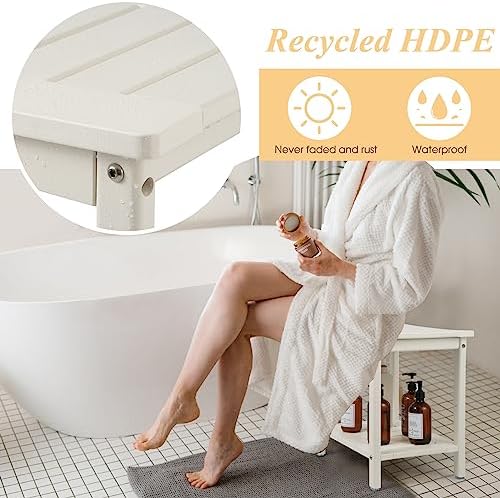HDPE Shower Bench, Shower Stool with Storage Shelf 2-Tier Spa Stool for Inside Shower,Water Resistant & Non-Slip Design Shower Seat (White L Size)