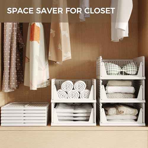 Pinkpum 8 Pack Closet Organizers and Storage Plastic Stackable Storage Bins, Foldable Drawer Shelf Storage Container for Wardrobe Kitchen Bathroom Dorm White