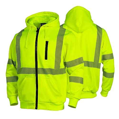 FONIRRA High Visibility Safety Work Hoodie for men Construction Hi Vis Reflective Fleece Sweatshirt with Zipper ANSI Class 3