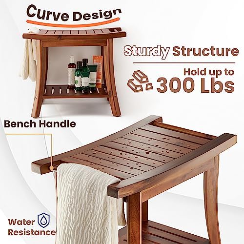 Tinamo Acacia Wooden Shower Bench Seat – Shower Stool for Inside Shower with Shelf – Bathroom Bench Chair Spa Shower Seat – Waterproof Shower Chair (22" x 13" x 18.6") (Acacia)