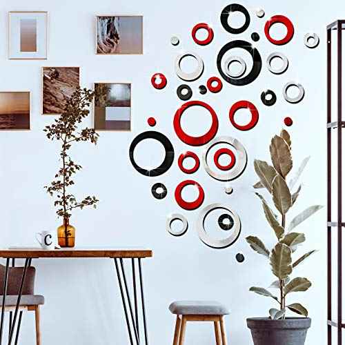 Outus 72 Pieces Wall Stickers Decor Acrylic Circle Mirror Removable Red and Black Wall Decor Round Dots Bulk DIY Red Living Room Decals Modern Art Murals for Home Bathroom Bedroom Decoration