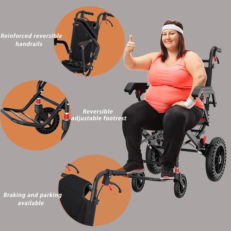 18”W x 18”D Seat Wheelchairs for Adults Transport Chair Lightweight Foldable with Telescopic Handle, Portable Folding Travel Wheel Chairs for Seniors，21.4 lbs，12” Rear Wheel