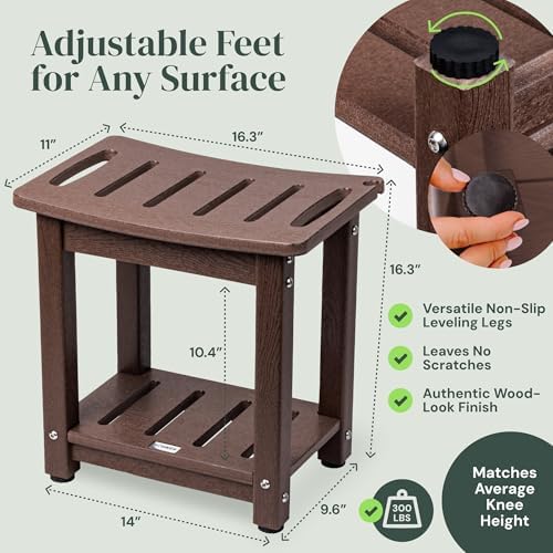 Waterproof Corner Shower Stool - Shower Bench (Dark Brown) - Adjustable Feet for Any Surface - Waterproof Slatted Surface for Efficient Drainage - No Maintenance Needed