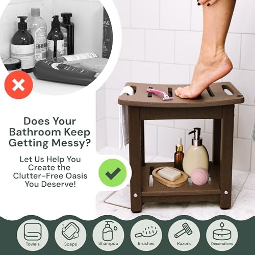 Waterproof Corner Shower Stool - Shower Bench (Dark Brown) - Adjustable Feet for Any Surface - Waterproof Slatted Surface for Efficient Drainage - No Maintenance Needed