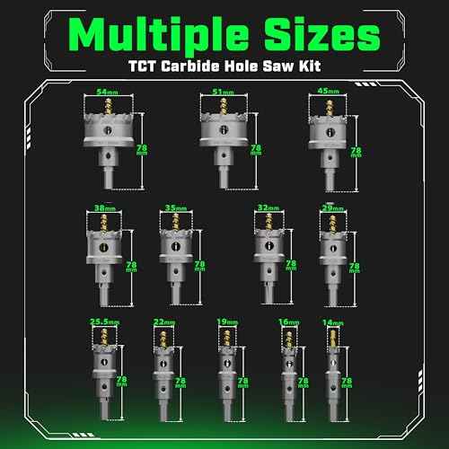 Tungsten Carbide Hole Saw Kit 22 Pcs ? Carbide Hole Saw Set 9/16" to 2-1/8" for Metal, Stainless Steel, Wood ? Includes 2 Drill Bits, Deburring Tool, 4 Blades, 3 Allen Wrenches ? Industrial & DIY Use
