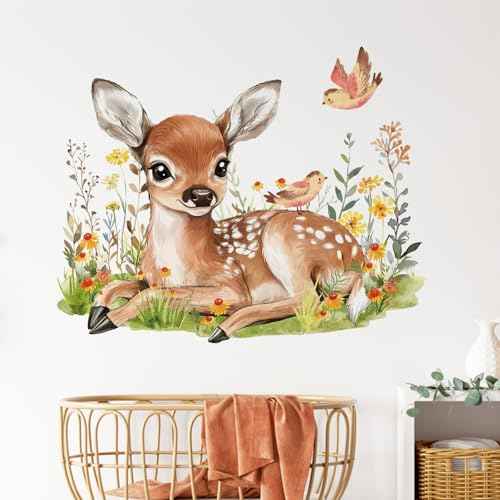 Yovkky Baby Deer Wall Decals Stickers, Woodland Animals Birds Wildflower Neutral Toddlers Nursery Decor, Cute Home Decorations Kids Bedroom Playroom Classroom Art