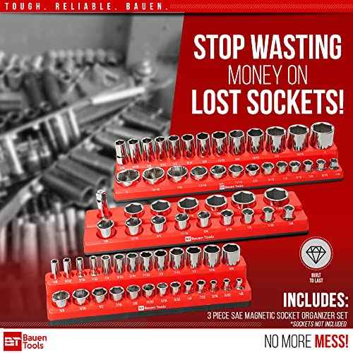 Magnetic Socket Organizer Set -3 Piece SAE Magnetic Socket Holder Set Red - 1/2-inch, 3/8-inch & 1/4-inch Drive, Holds 68 Sockets, Professional Grade Socket Tray Organizer.