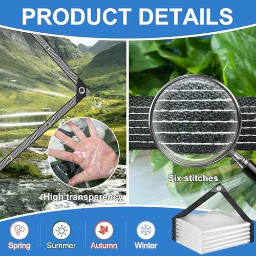 Clear Tarps Heavy Duty Waterproof 8x8ft Clear Tarp with Grommets and Reinforced Edges 14Mil Thickened Tear Resistant Clear Vinyl Plastic Tarp for Outdoor Patio Chicken Coop Greenhouse Plant