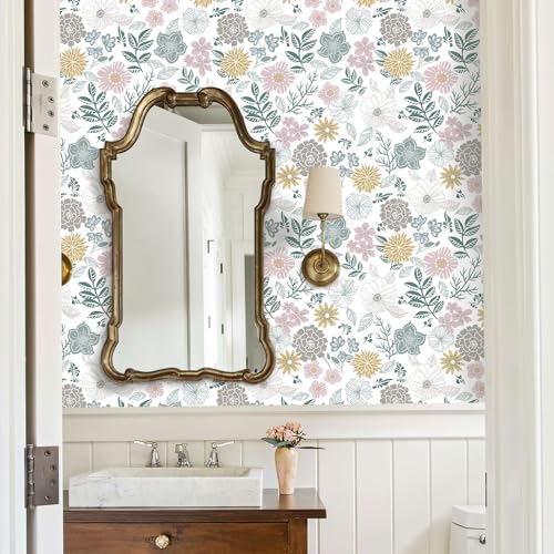 Rugreat Modern Floral Peel and Stick Wallpaper Boho Flower Leaf Contact Paper for Cabinets and Drawers Self Adhesive Removable Wallpaper for Bedroom Bathroom Waterproof Multicolor 78.8inL 17.3inW