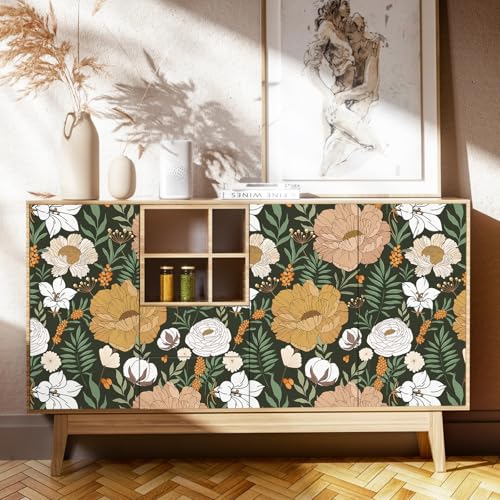 WENMER Floral Peel and Stick Wallpaper - Green White Boho Daisy Peony Contact Paper - Vintage Self Adhesive Removable Wallpaper for Bedroom Bathroom Cabinet - 17.7" x 118"