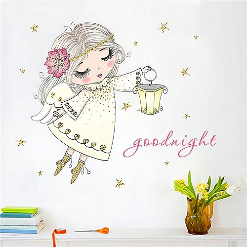 Cute Pink Little Angel Girl Wall Stickers, sacinora Cartoon Good Night Wall Decals Removable Vinyl Peel and Stick for Nursery Kids Baby Children's Room Living Room Bedroom Playroom Art Decorations