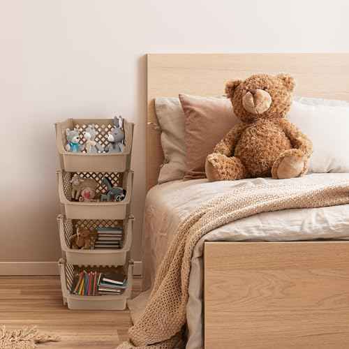 Plastic Stackable Storage Bins - 4pc Tan Closet Organizer Bins 28in Tall Big Plastic Boxes for Home and Kitchen