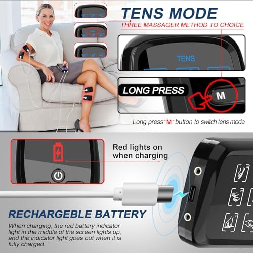Dual Channel TENS Unit for Pain Relief Rechargeable Electronic Pluse Muscle Stimulator Massager Low-Frequency Multi-Function Physiotherapy Instrument with 10pcs Electrode Pads