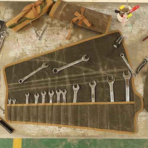Tool Roll, Heavy Duty 16oz Waxed Canvas Wrench Roll Up Pouch, Multi-Purpose Tool Organize Bag with Straps (26.5" X 12.5", ArmyGreen)