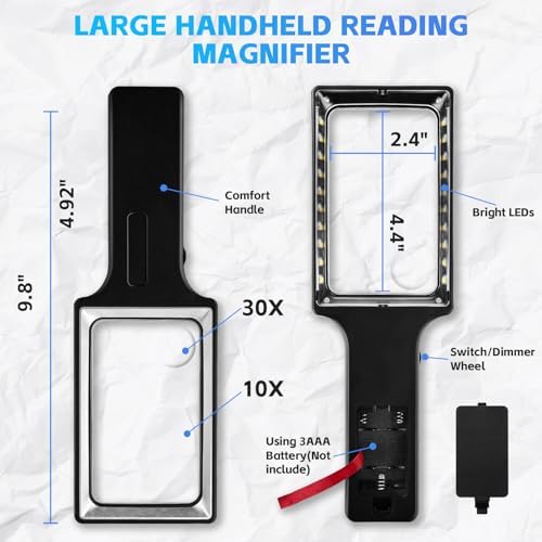 Large 10X 30X Magnifying Glass with Light, Handheld Magnifying Glass for Reading, Stepless Dimmable LEDs Rectangle Magnifier for Reading Small Prints Seniors Low Vision