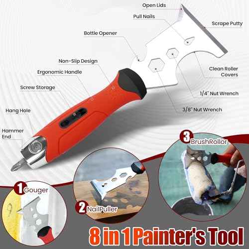 10Pcs Drywall Tool Kit, Stainless Steel Putty Knife Set with 1"-6" Knives, 8"-12" Taping Knives, 9-in-1 Painter Scraper, 12" Mud Pan & 6" Scoop for Drywall Taping, Finishing, and Patching