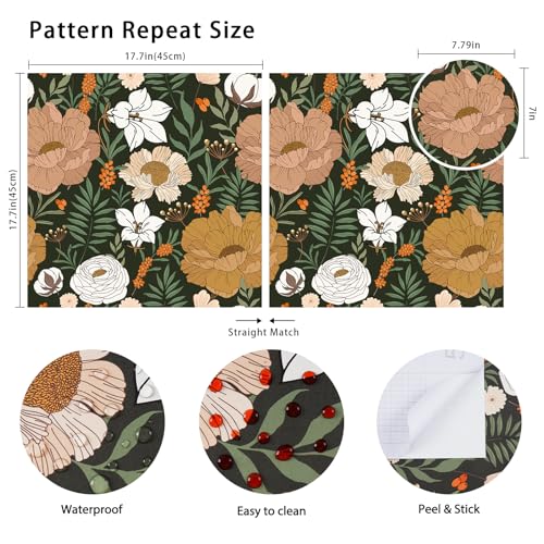 WENMER Floral Peel and Stick Wallpaper - Green White Boho Daisy Peony Contact Paper - Vintage Self Adhesive Removable Wallpaper for Bedroom Bathroom Cabinet - 17.7" x 118"