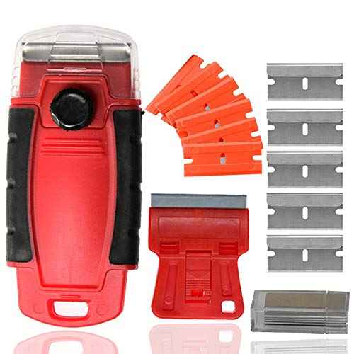 Plastic Razor Blade Scraper Hand Held Window Vinyl Tint Scraper with Protective Cover Mini Razor Blade Red Scraper, Metal Razor Blades Plastic Scraper Blades Removal Scraping Tool Kit
