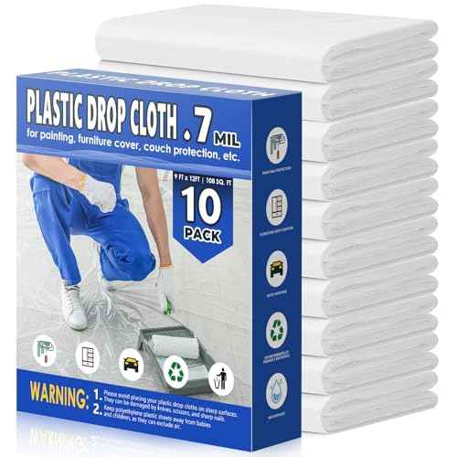 0.7 Mil Plastic Drop Cloths for Painting, 9x12 Ft Extra Large Painting Supplies, Plastic Sheet Dust Cover for Furniture, Floor, Couch Protector (10-Pack)