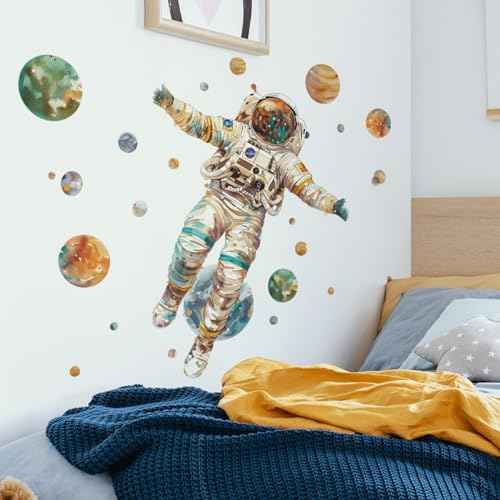 Astronaut Wall Stickers Large Cartoon Spaceman Outer Planet Wall Decals Creative DIY Art Vinyl Removable Art Decor for Kids Bedroom Playroom Living Room