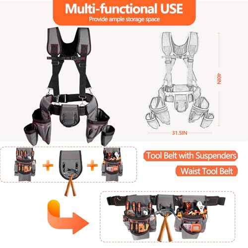 Tool Belt With Suspenders, 22 Pockets Tool Bag Multi-Functional Adjustable Waist Tool Belt, Heavy Duty Tool Organizer Suitable for Framers, Carpenter, Electrician,Construction (light gray, middle)