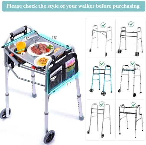 BAGSFY Walker Tray w/Side Pocket for Folding Walkers – Walker Accessory for Seniors with Cup Holder, Non-Slip Mat, and Easy Installation – Universal Fit Walker Table for Meals, Drinks, Reading