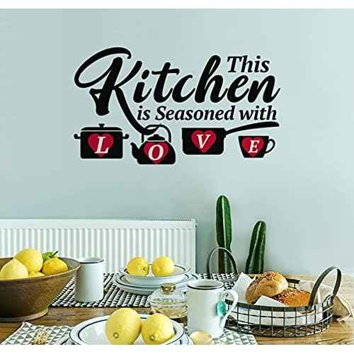 Kitchen Funny Quotes Wall Decals, This Kitchen is Seasoned with Love Family Love Words Red Hart Wall Decor for Dining Room Kitchenware Decoration Vinyl Wall Sticker for Restaurant Cafe