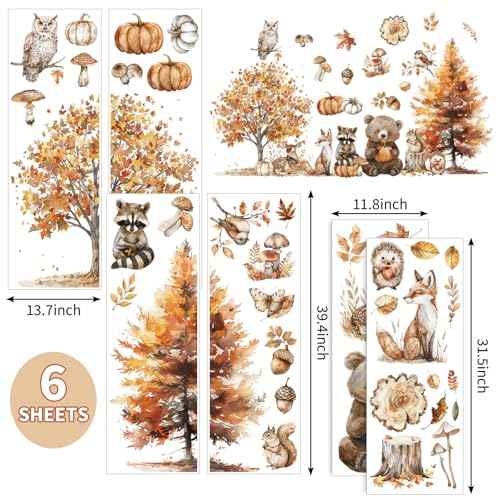6 Sheet Fall Woodland Animal Wall Decals Autumn Forest Animal Maple Tree Mushroom Wall Cling Stickers Reusable for Thanksgiving Party Home Glass Window Decor