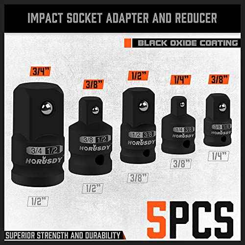 HORUSDY 5-Piece Impact Socket Adapter and Reducer Set, 1/4-Inch Hex Shank Socket to Drill Adapter 1/4", 3/8", and 1/2" Impact Driver Adapter for Power Drill & Impact Driver