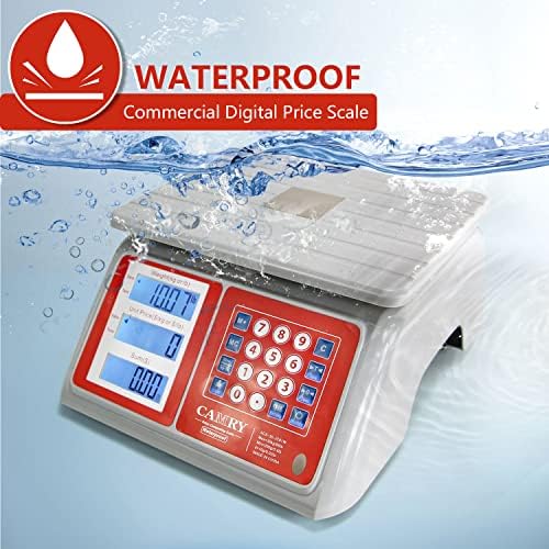 CAMRY Waterproof Commercial Food Scale IPX7 66lb / 30kg Digital Price Computing Meat Produce Weight Scale with White Backlight LCD for Farmers Market, Seafood, Rechargeable