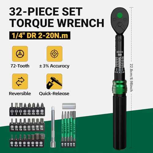 1/4" Click Torque Wrench Set, 32-Piece Portable Bicycle Maintenance Tool Kit, 2-20 Nm ¡¾3% Precision, S2 Torx & Hex Bits, Pro Bike Torque Wrench for Road/Mountain Bike (MTB) & Cycling Repair