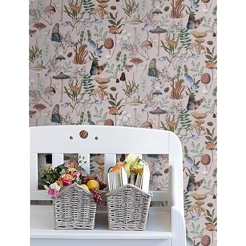 EeeComing Mushroom Peel and Stick Wallpaper Pink Mushroom Wall Paper Fairytale Forest 78.7''x16.14'' Removable Wallpaper Room Bookcase Bathroom Self Adhesive Vinyl
