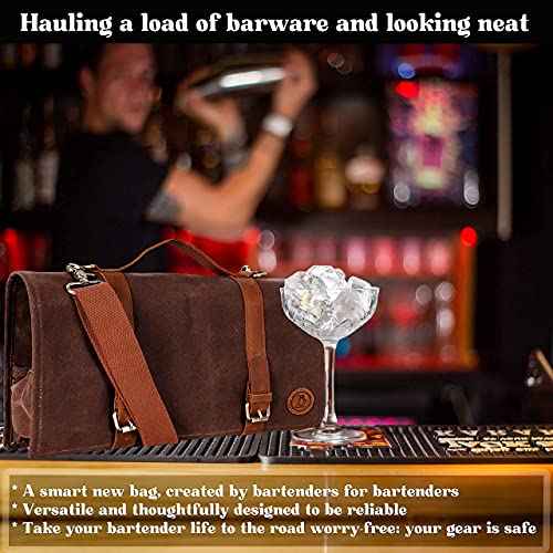 Bartender tool bag waxed canvas water resistant adjustable shoulder straps genuine leather handles 16 pockets holds 33oz bottle mobile travel design - Bag ONLY