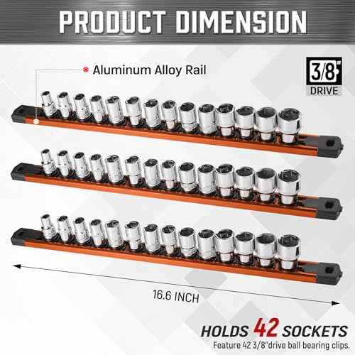 ALOANES 3PC Magnetic Tool Organizer, Heavy Duty Aluminum Rails with 360 Swivel Clips, 3/8-Inch Socket Organizer x 42 Clips (Orange)