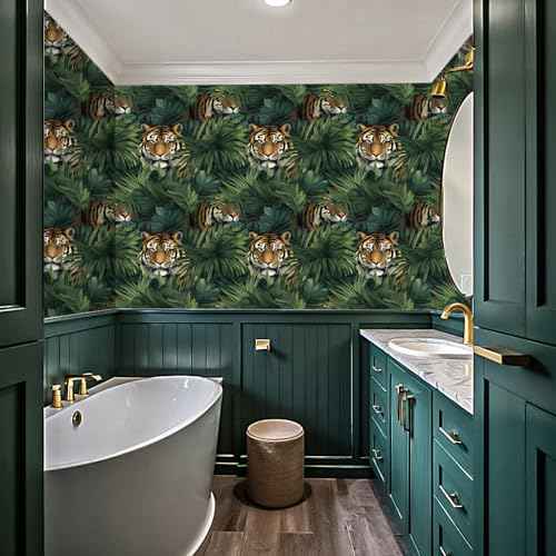 HAOKHOME Tropical Peel and Stick Wallpaper Jungle Tiger Leaf Plam Animal Removable Stick on Contact Paper for Home Decor Green/Brown 17.3in x 9.8ft