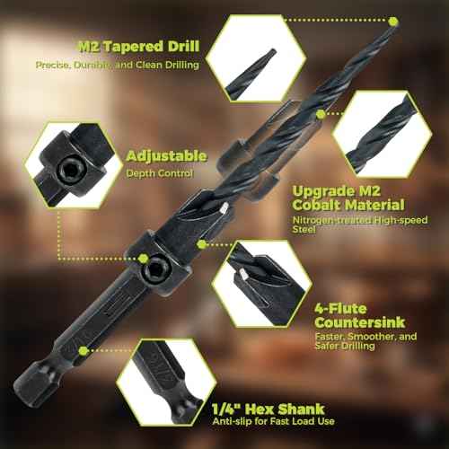 Countersink Drill Bit Set, 16PCS M2 Cobalt HSS Woodworking Tool Set, Adjustable Depth Tapered Drill Bits with 4 Wood Plug Cutters & 1/4" Hex Shank, Counter Sink Drill Bit for Wood
