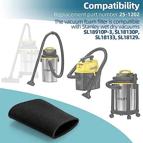 25-1202 Foam Filter for Stanley 1-5 Gallon Vacuums, Wet Dry Vac Filter Compatible with Stanley SL18910P-3, SL18130P, SL18133, SL18129 Vacuums Replacement Parts (Pack of 2)