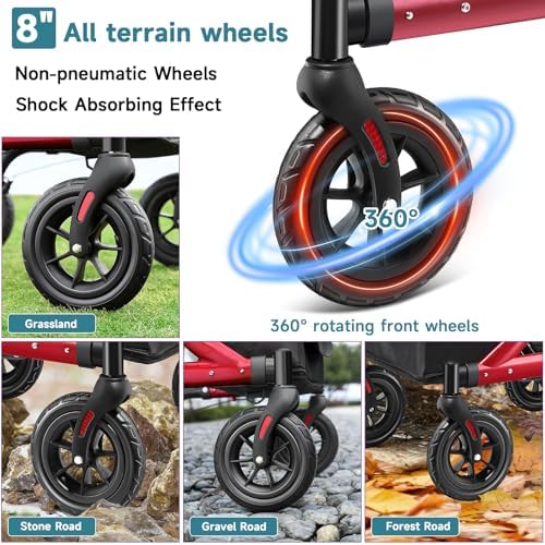 Walkers for Seniors, Rollator Walker with Seat, 8" Rubber Wheels All Terrain Rollator Walker with Backrest, Aluminum Walkers Built-in Cable, Foldable and Adjustable Height for Seniors, Red