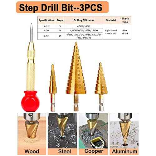 34 Pack Wood Working Chamfer Drilling Tools, 6 Countersink Drill Bit Set, 7 Counter Sinker Drill Bit Set, 8 Plug Cutters for Wood, 8 Drill Stop Bit Collar Set and 3 Step Drill Bits.
