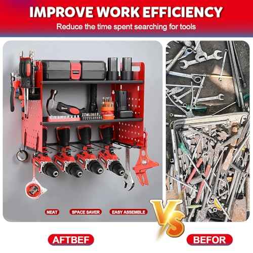 Power Tool Organizer Wall Mount, 3 Layer Shelves Storage with 4 Drill Holders Wall Mount/Drill Bit/Screwdriver Rack, 4 Hooks for Garage, Workshop, Tool Room