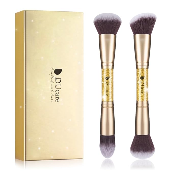 DUcare 2Pcs Duo End Makeup Brushes, Synthetic Bristle Foundation Powder Buffer & Contour Brush Set, Dual Sided Face Brushes for Blending Concealer Bronzer Highlighter